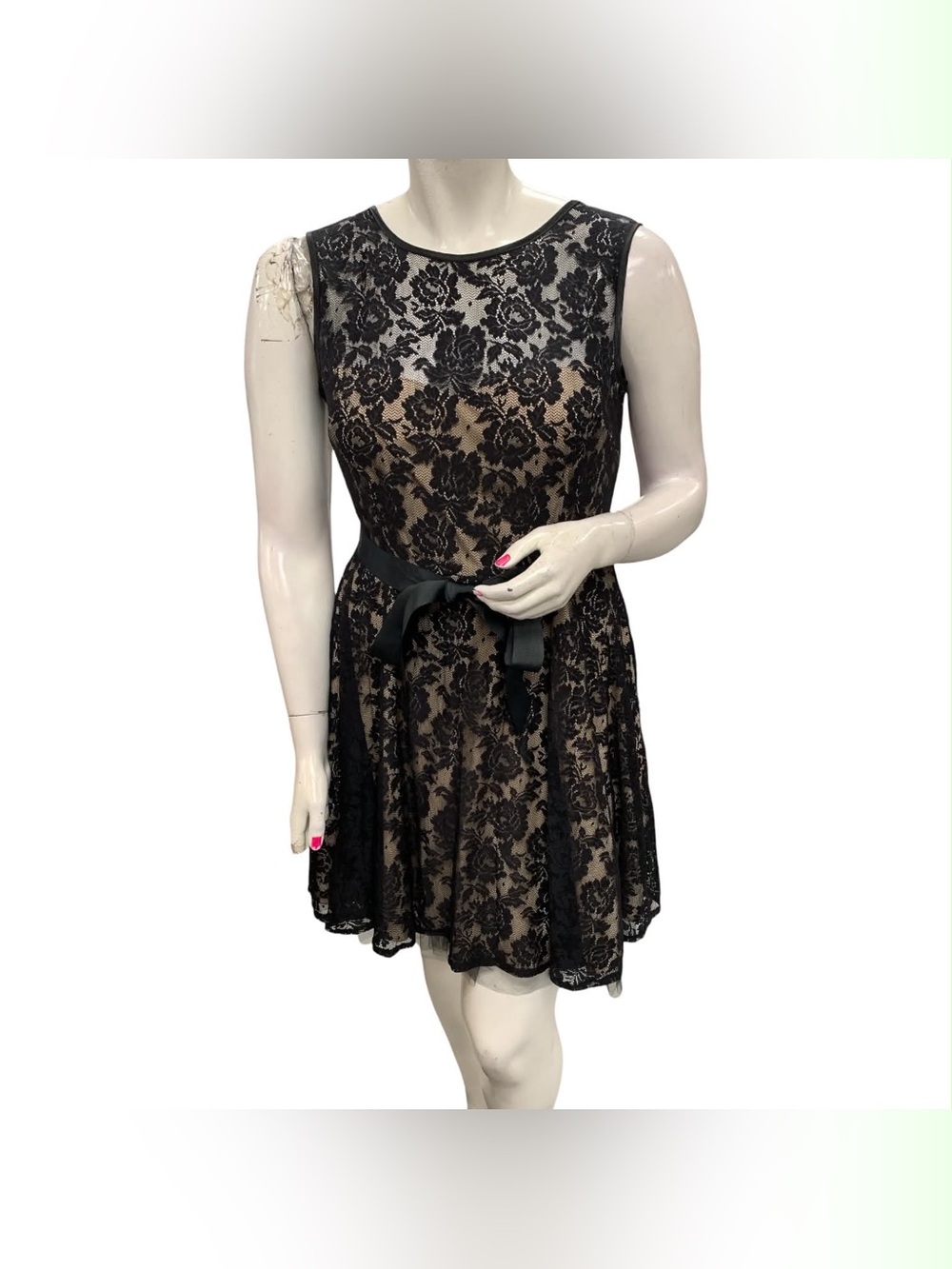 Betsy & Adam Black Lace Fit-and-Flare Dress with Nude Underlay Size L